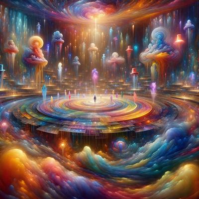 The primary subject of the image is a colorful, surreal painting featuring a man standing in the center of a circular platform. The setting is a vibrant, artistic environment with a variety of colorful elements, including clouds, rainbows, and otherworldly creatures. The visual style is a combination of digital art and illustration, creating a unique and captivating scene. The dominant colors and overall atmosphere are lively, energetic, and imaginative, reflecting the creative and whimsical nature